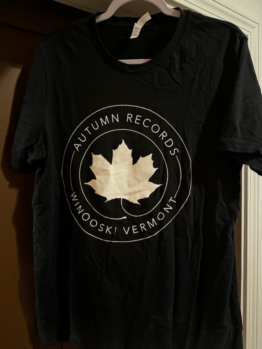Autumn Records Black Short Sleeve Tee with White Leaf Emblem